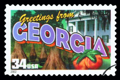 A vintage style "Greetings from Georgia" postage stamp