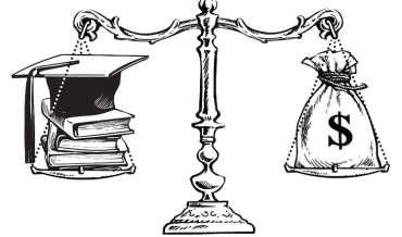 An illustration of scale balancing a sack with a dollar sign against some books and a graduation cap