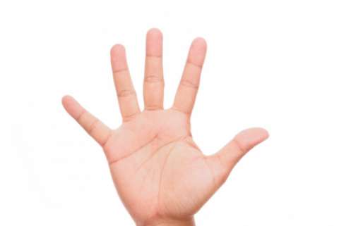 A human hand with all five fingers splayed