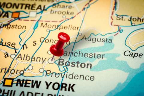 A map of Massachusetts with a red pushpin in Boston