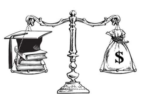 An illustration of scale balancing a sack with a dollar sign against some books and a graduation cap