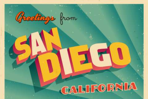 a vintage looking "Greetings from San Diego, California" postcard