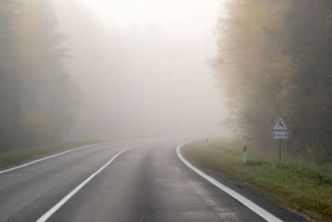 A country road stretches into obscuring, white fog