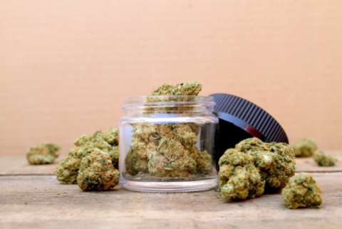 An open jar of cannabis, with other buds on the table