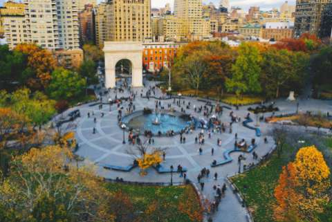An aerial view of the fountain and arch in Washington Square Park in Manhattan