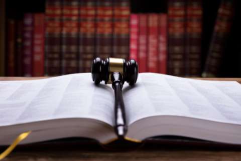 a gavel sits on an open law book