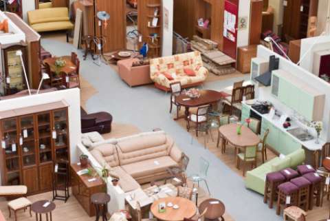 The sales floor of a furniture store viewed from a high angle