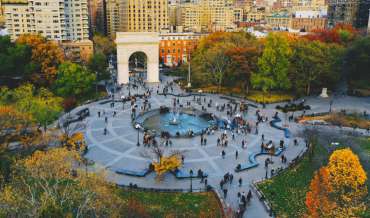 An aerial view of the fountain and arch in Washington Square Park in Manhattan